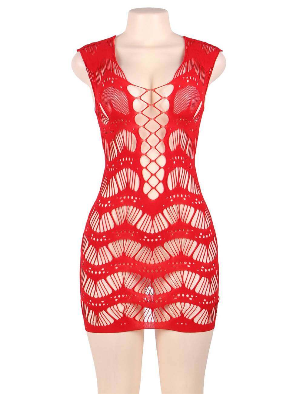 Red Sheer Crochet Chemise Bodystocking