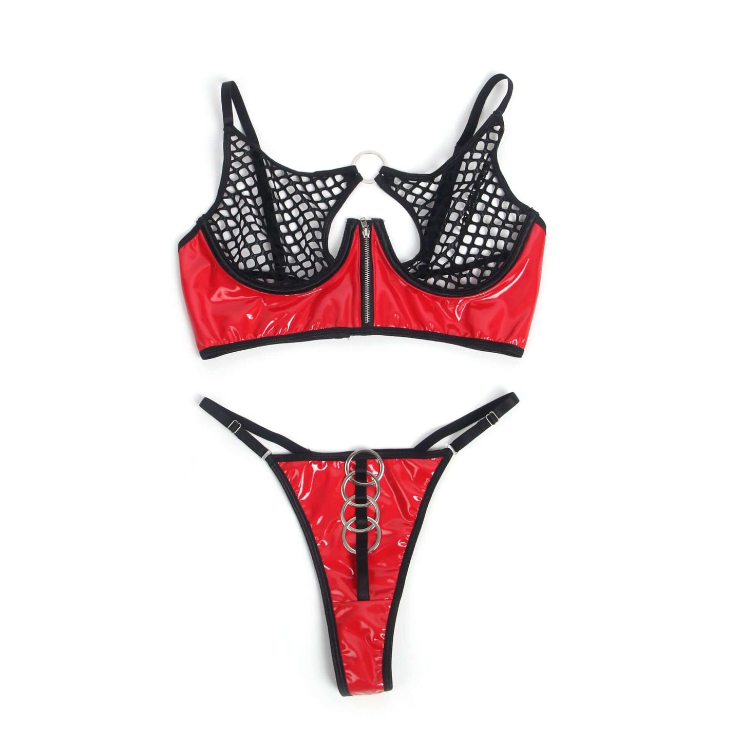 Red Patent Leather Mesh Bra Set