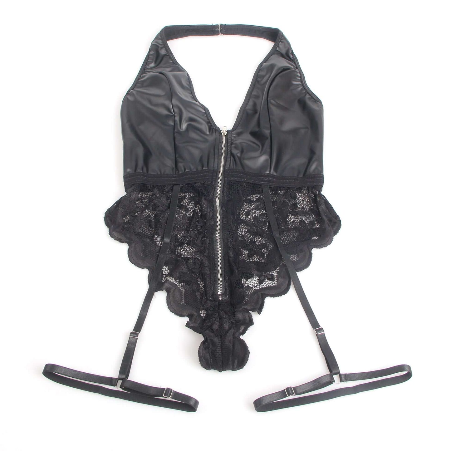 Faux Leather Halter Bodysuit with Lace Detail and Garter Strap