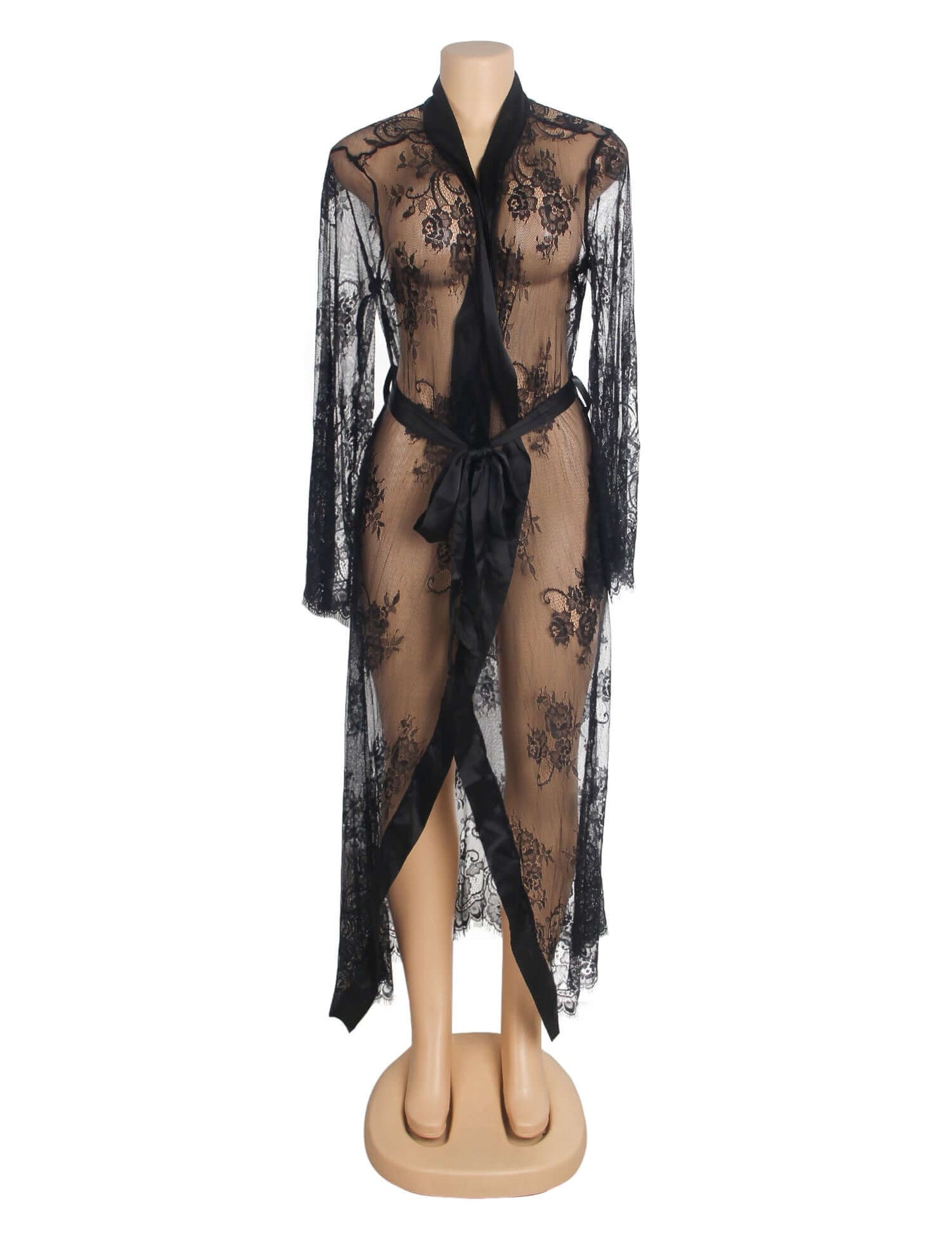Black Lace Satin Mesh Long Nightgown with Belt