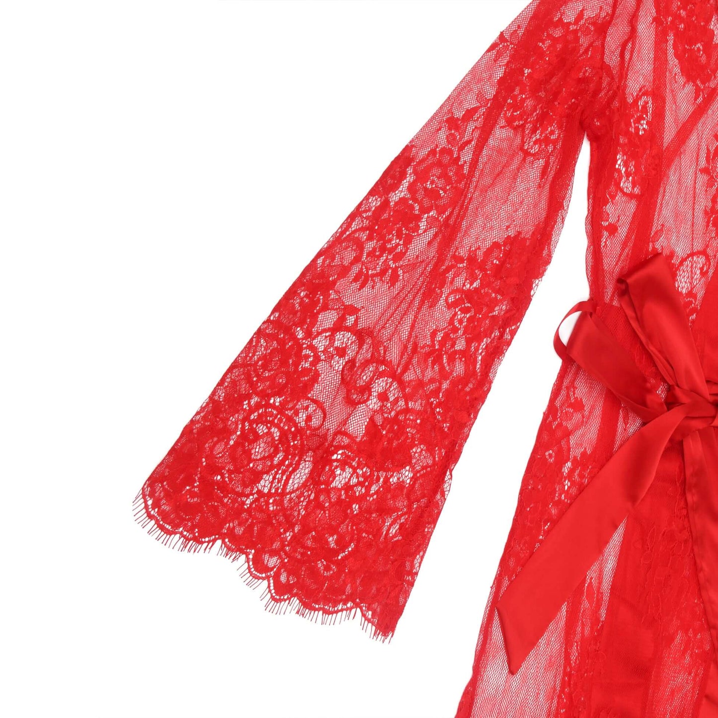 Red Lace Satin Mesh Long Nightgown with Belt