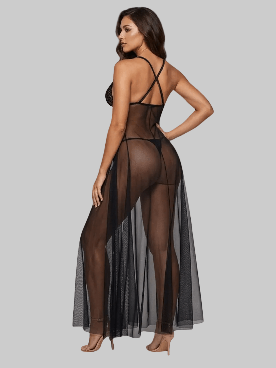 Elegant Black Sheer Lace Deep V-Neck Night Gown