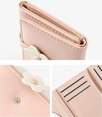 Pink Small Wallet for Women & Teens – PU Leather Trifold Card & Cash Holder with Floral Snap & ID Window