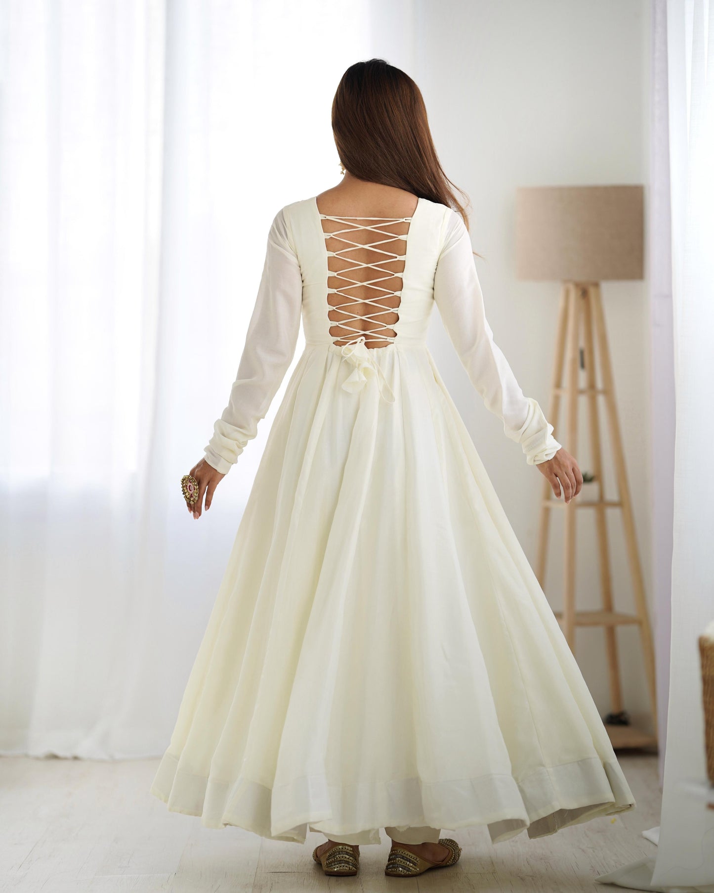 White Soft Vichitra Silk Anarkali Suit Set with Flared Gown, Dark Pink Dupatta & Pants