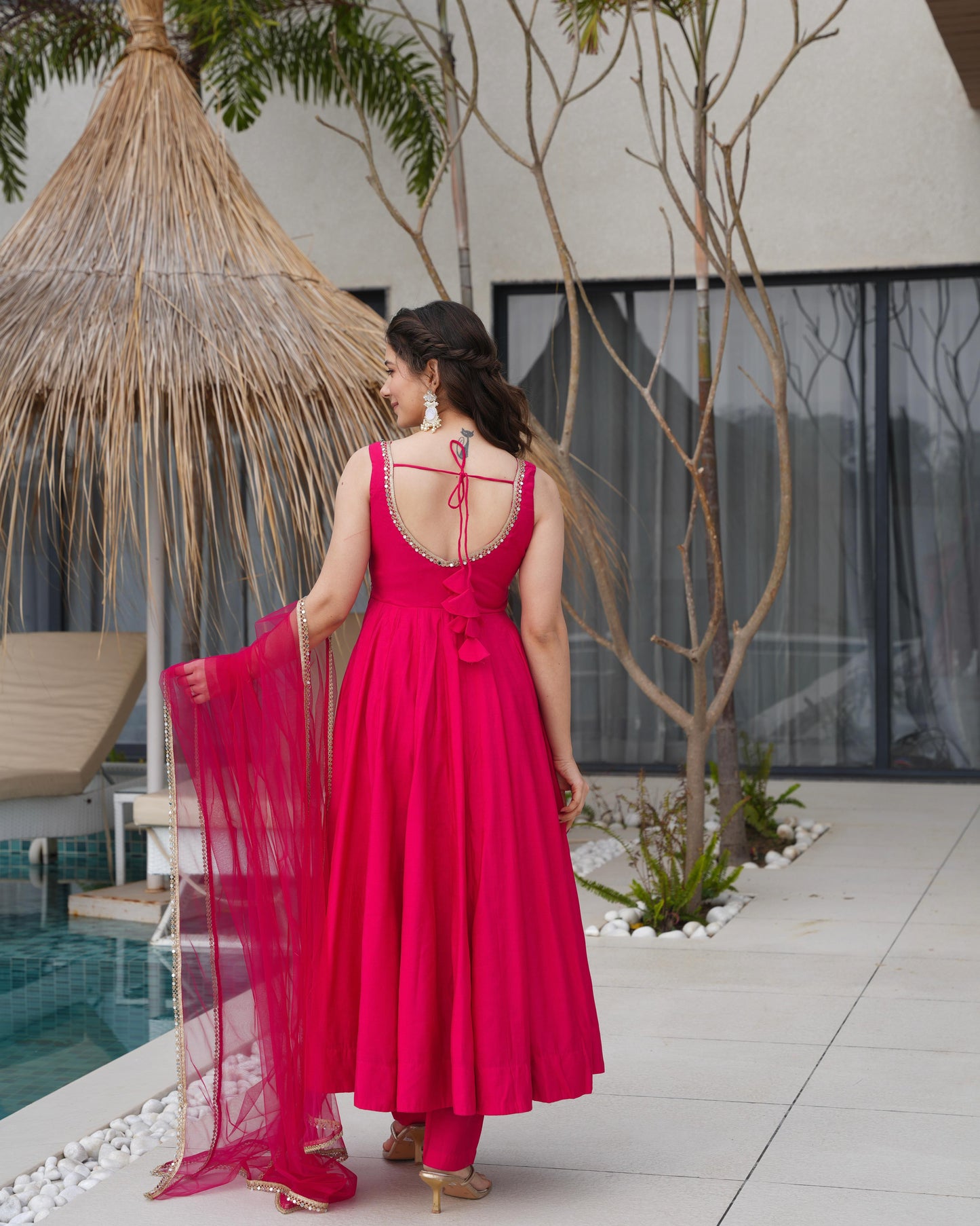 Pink Roman Silk Chanderi Anarkali Suit Set with Flared Gown, Dupatta & Pants