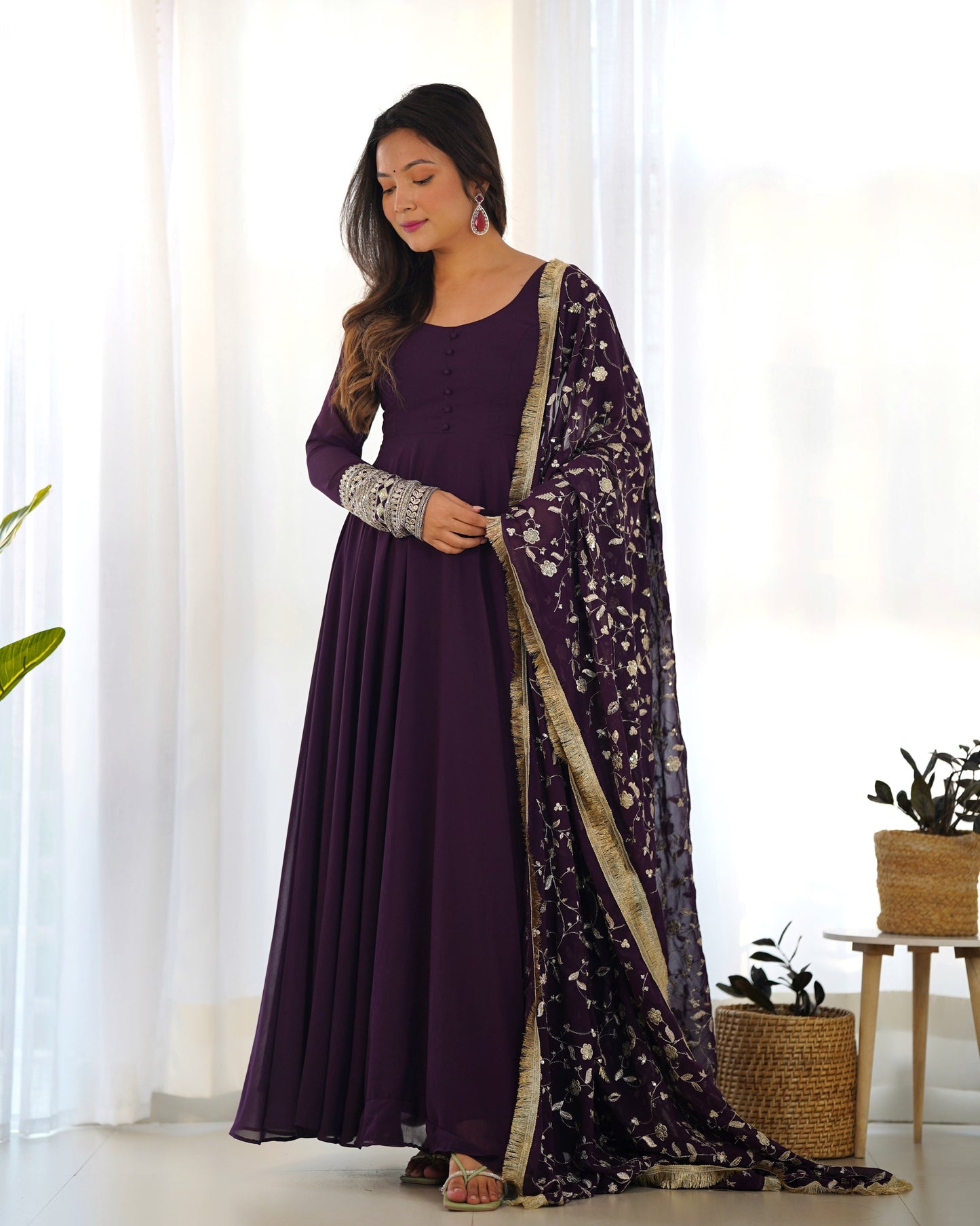 Wine Soft Fox Georgette Anarkali Suit Set with Flared Gown, Dupatta & Pants