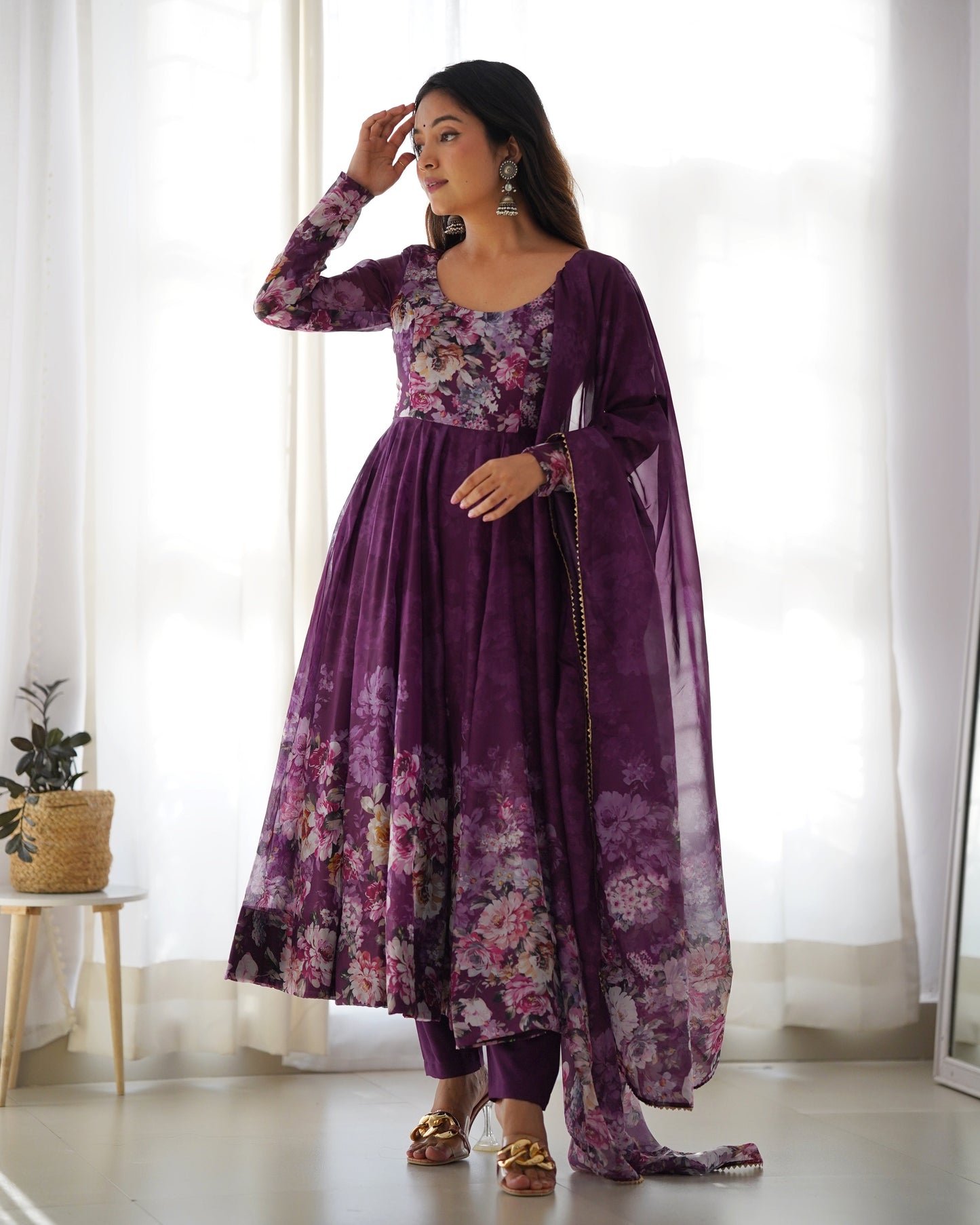 Wine Soft Organza Anarkali Suit Set with Flared Gown, Dupatta & Pants