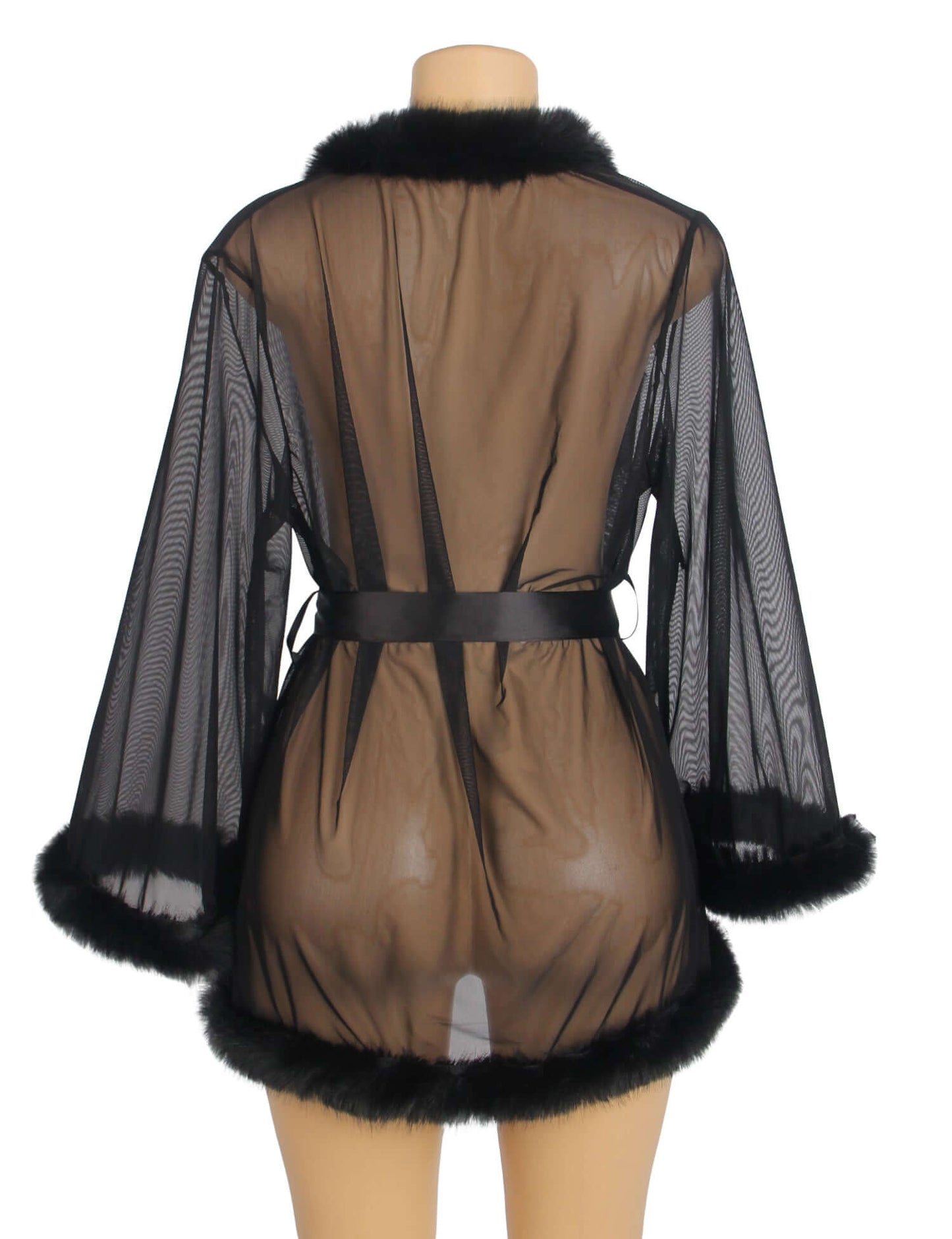 Stylish Black Mesh Robe with Soft Fur and Adjustable Belt