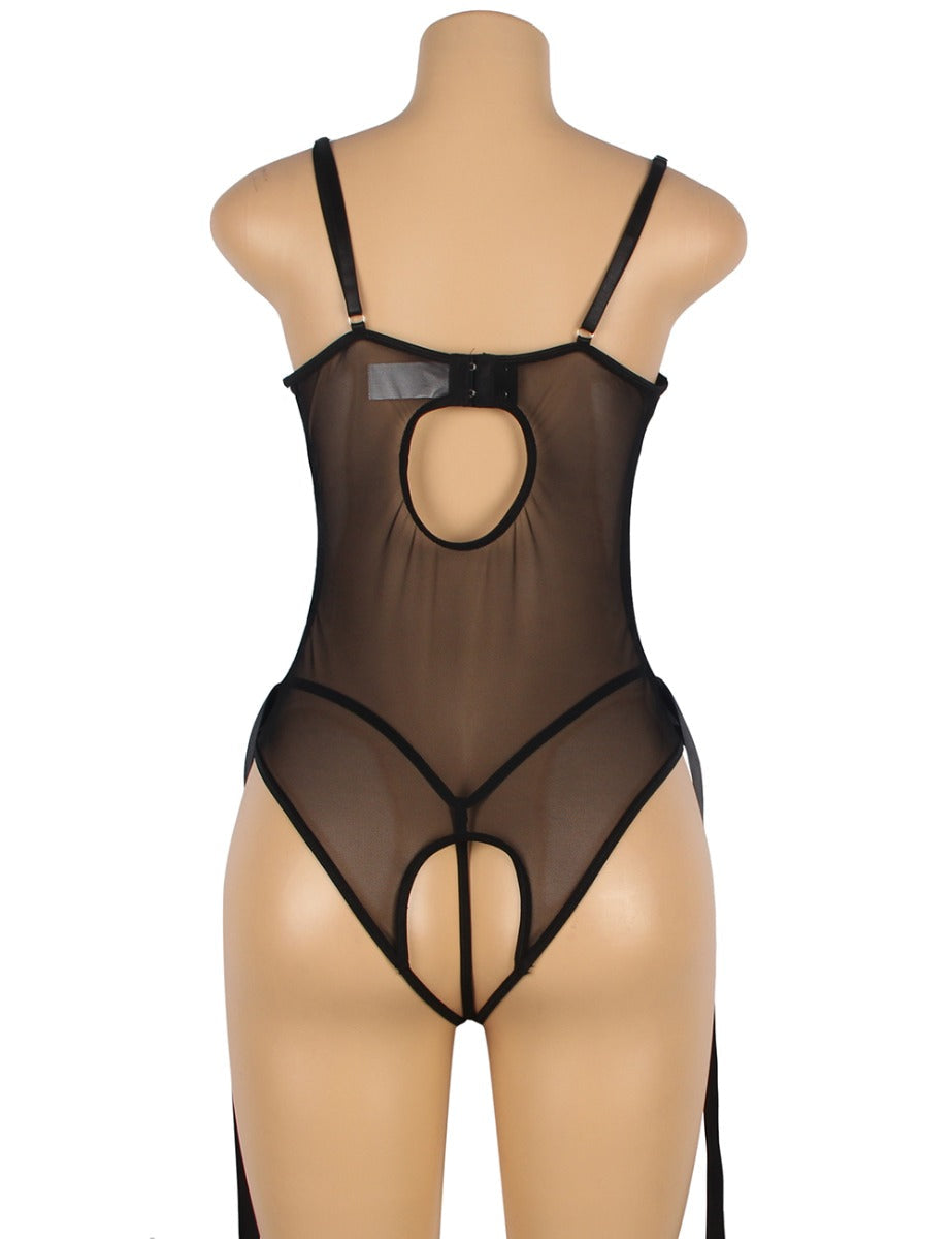 Exotic Black Faux Leather With Lace Teddy Dress