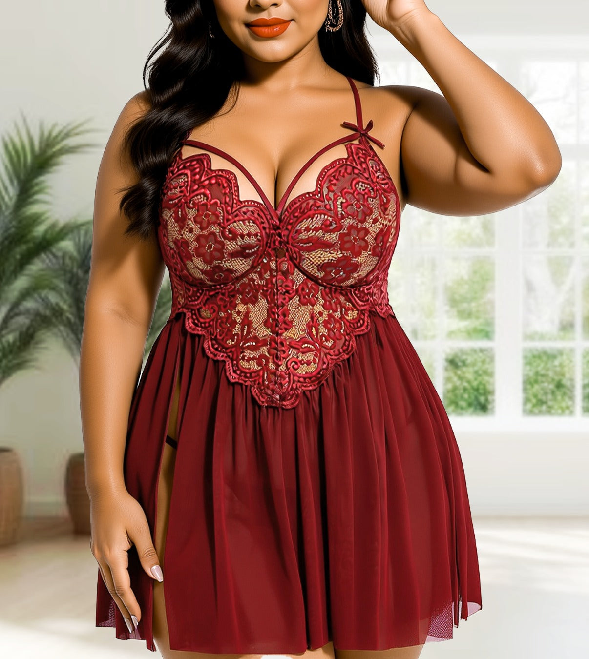 Elegant Wine-Red Mesh Babydoll Dress with Side Slit