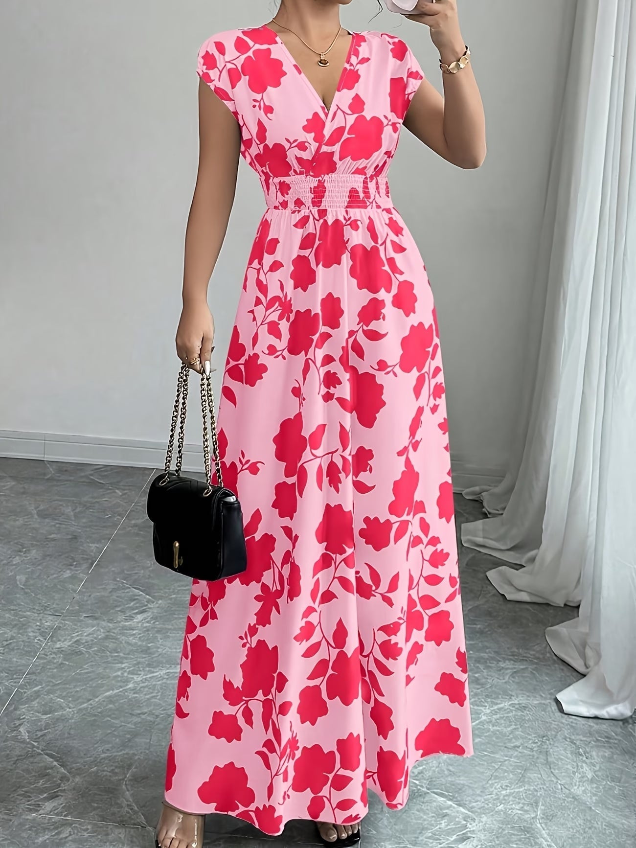 Elegant Floral Maxi Dress – V-Neck A-Line Flowing Dress with Cinched Waist for Women