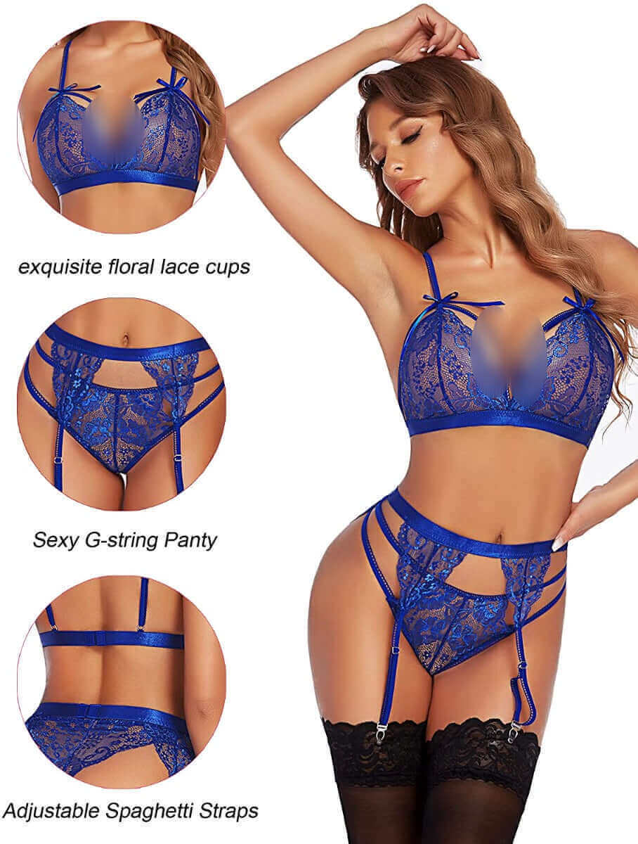 Elegant Blue Floral Lace Lingerie Set