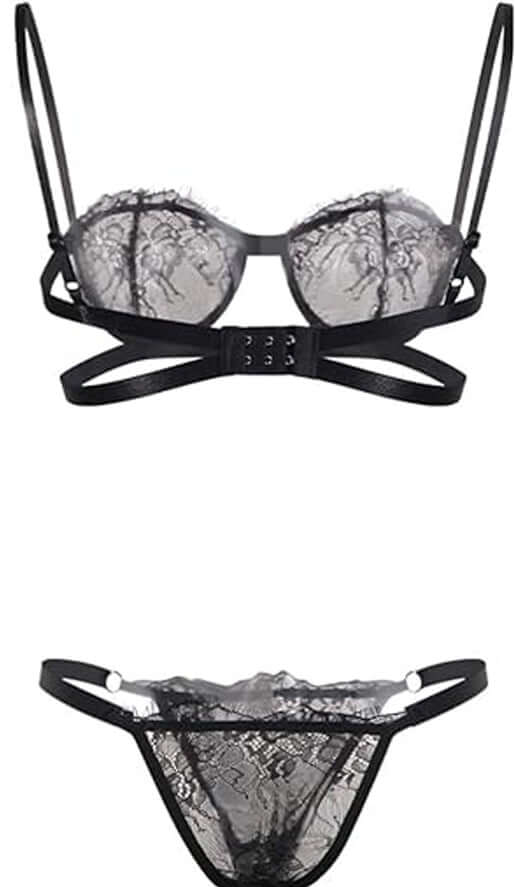 Sheer Mesh Lace Lingerie Set – Black