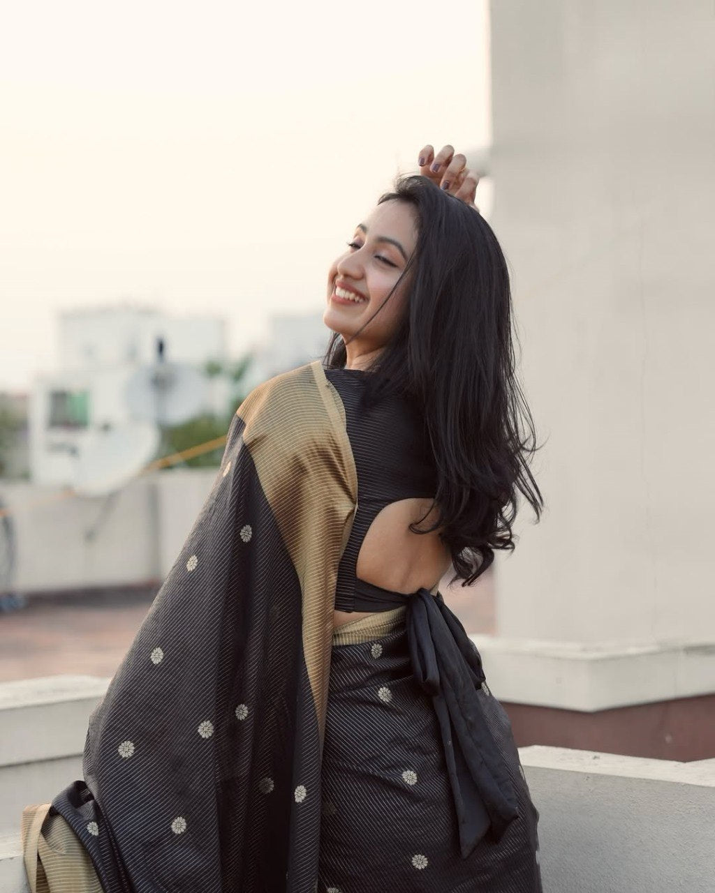 Black Cotton Silk Saree with Zari Dot Weave and Gold Border