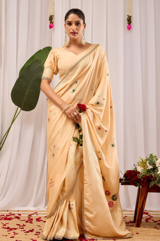 Beige Soft Silk Saree with Floral Motifs and Matching Blouse