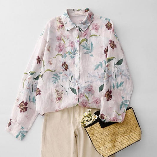 Women’s Full Sleeve Cotton Shirt with Digital Leaf Print