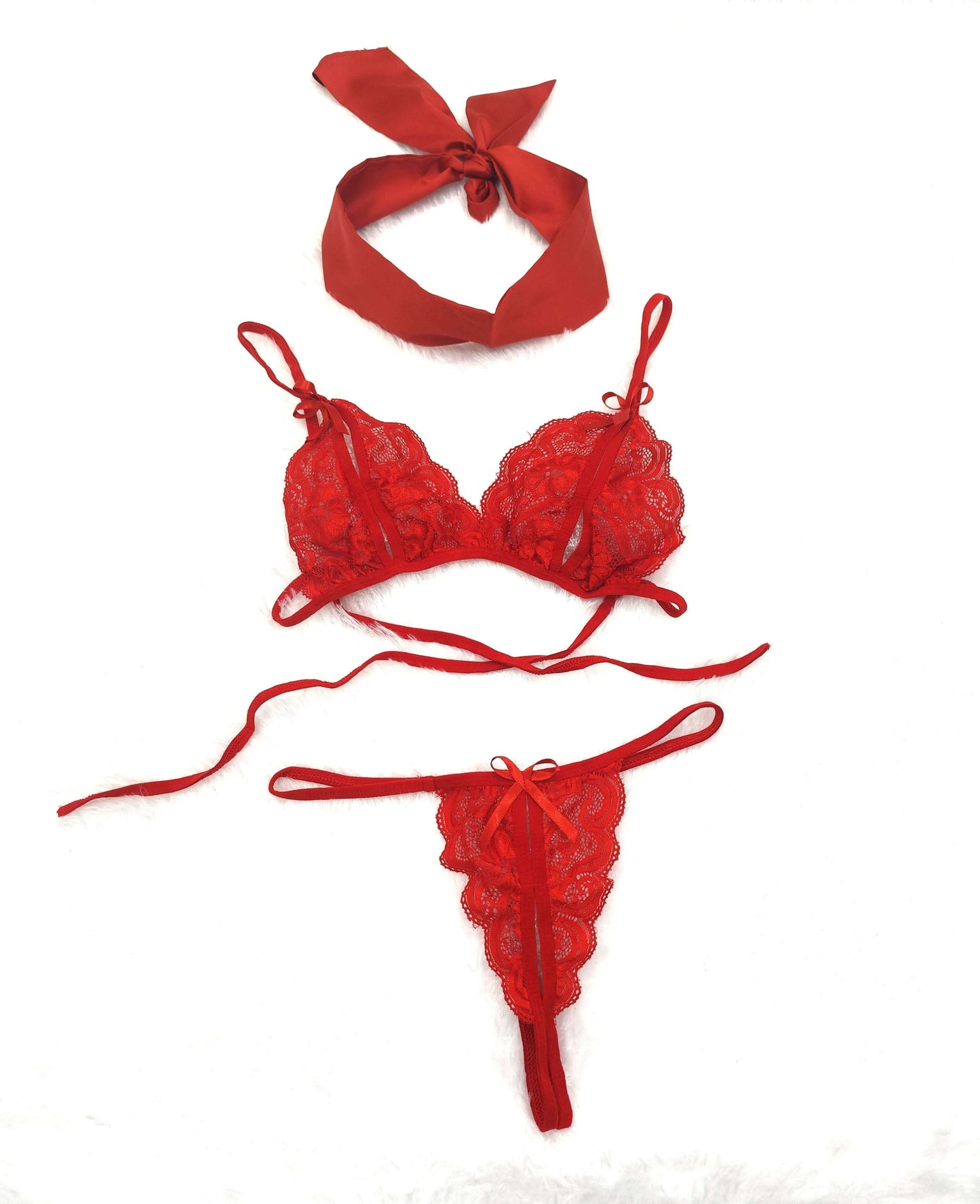 Red Transparent Lingerie Set With a Satin Eye Mask