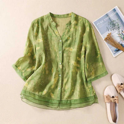 Women’s Floral Print Cotton Shirt with Organza Cuff Detail