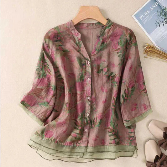 Women’s Floral Print Cotton Shirt with Organza Cuff Detail