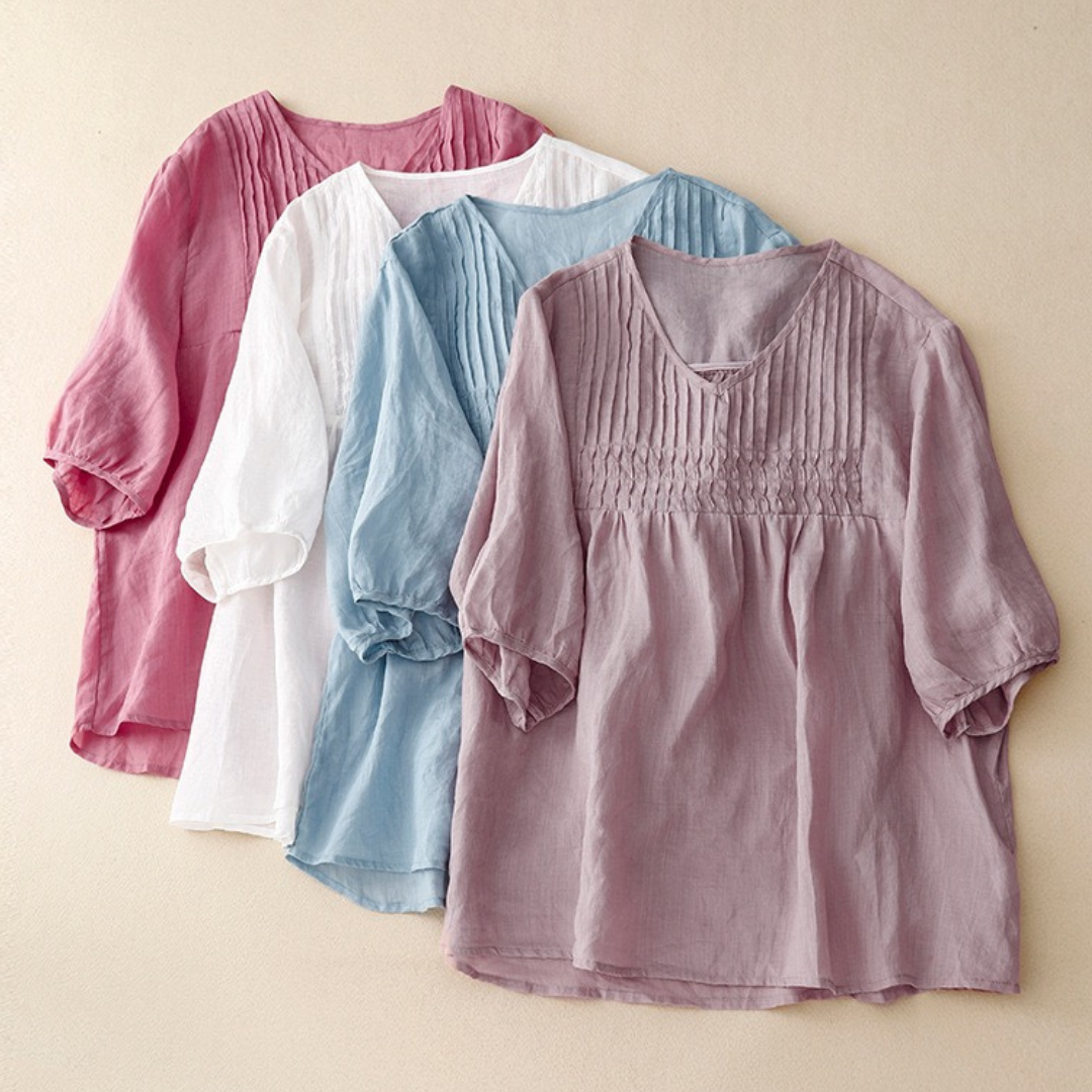 Women’s Linen Cotton Pleated Tunic with 3/4 Sleeves