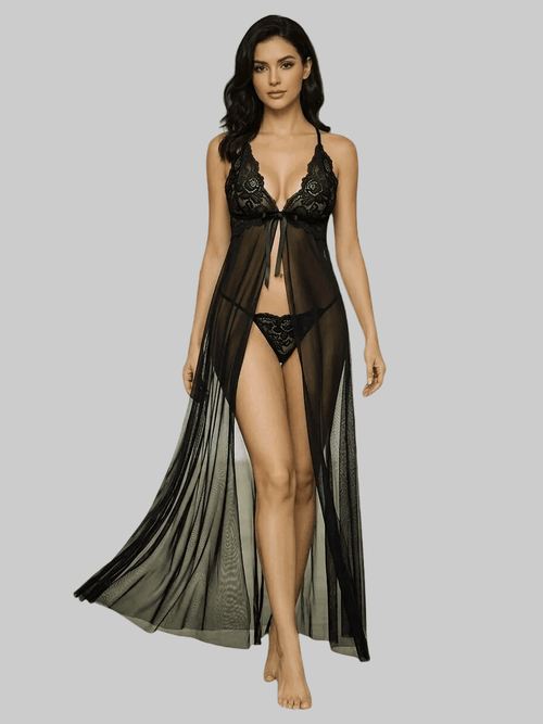 Elegant Black Sheer Lace Deep V-Neck Night Gown