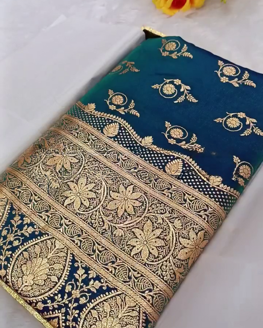 Teal Banarasi Silk Saree with Zari Floral Weaving