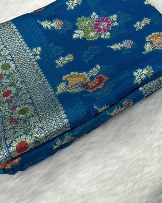 Teal Blue Banarasi Silk Saree with Floral Zari Border