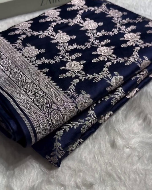 Navy Blue Katan Silk Saree with Silver Zari Jaal and Temple Border