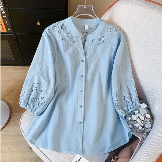 Women’s Pure Cotton Schiffli Embroidered Button-Down Shirt