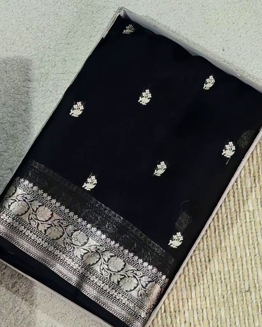 Black Banarasi Silk Saree with Silver Zari Border
