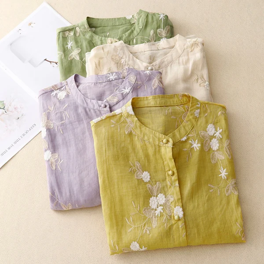 Women’s Organic Slub Cotton Embroidered Shirt with Organza Cuffs