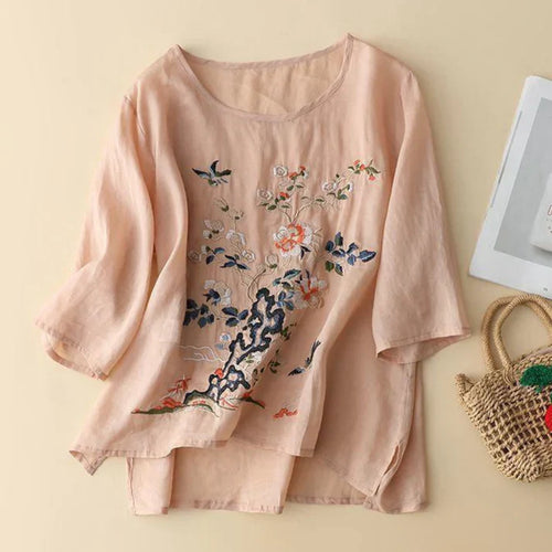 Women’s Boho Floral Embroidered Pure Cotton Tunic Top