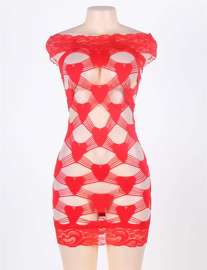 Off Shoulder Transparent Fence Net Red Bodystocking