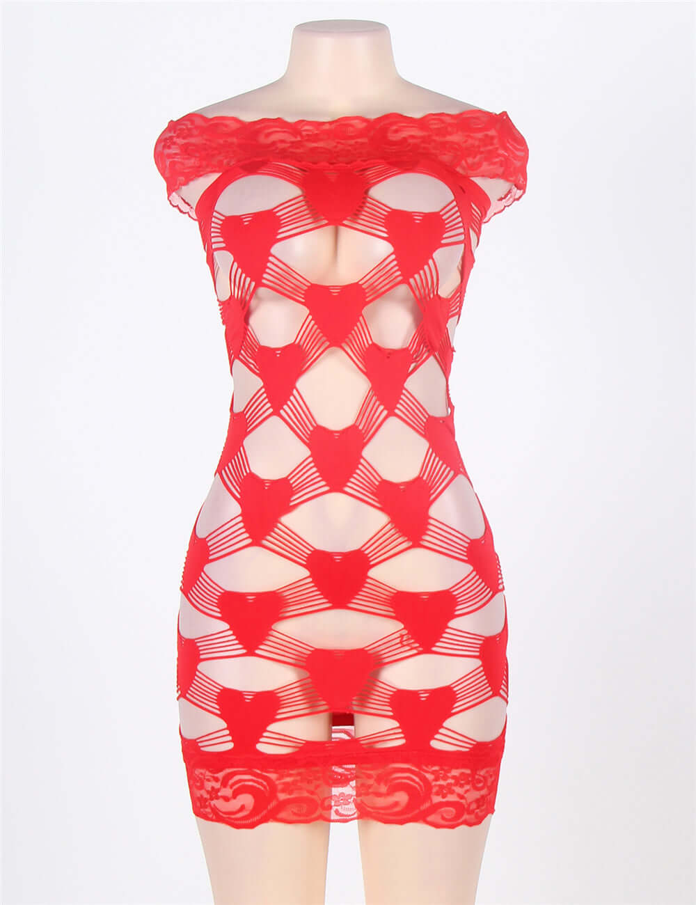 Off Shoulder Fence Net Red Bodystocking