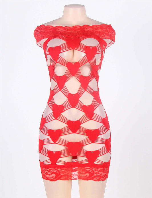 Off Shoulder Fence Net Red Bodystocking