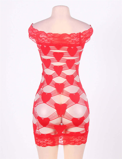 Off Shoulder Fence Net Red Bodystocking
