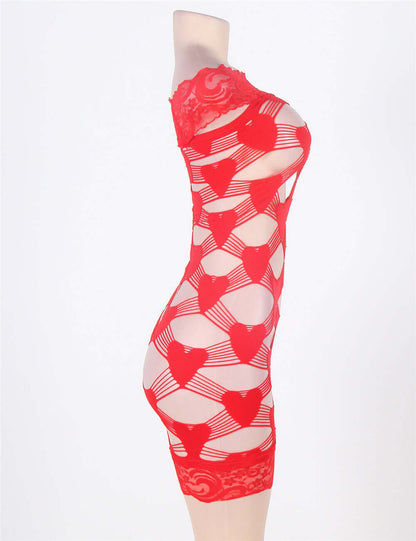 Off Shoulder Transparent Fence Net Red Bodystocking