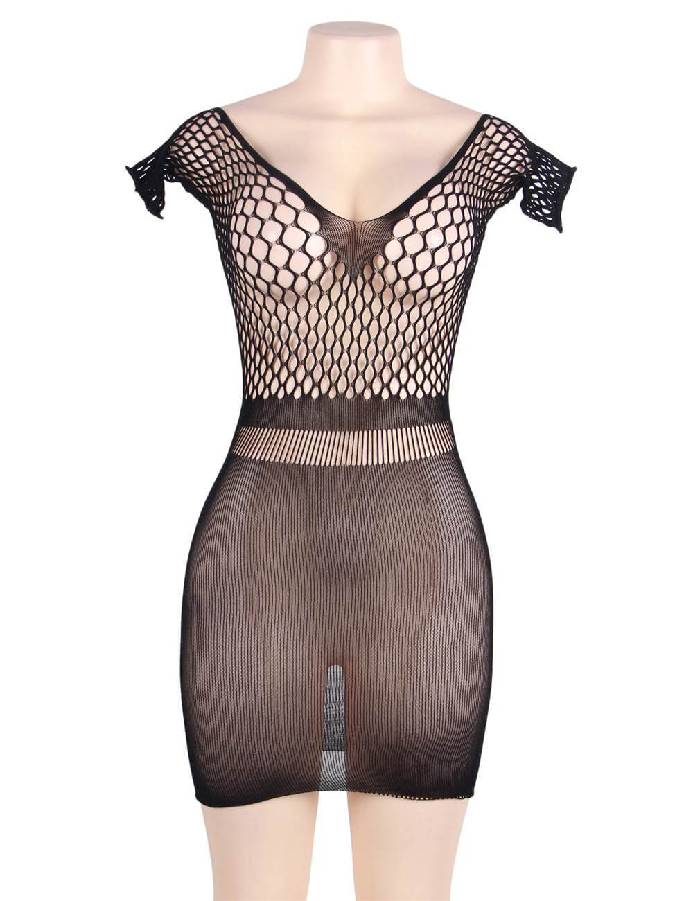Plus Size Crotchet Mesh Hollow-out Mini Chemise Dress