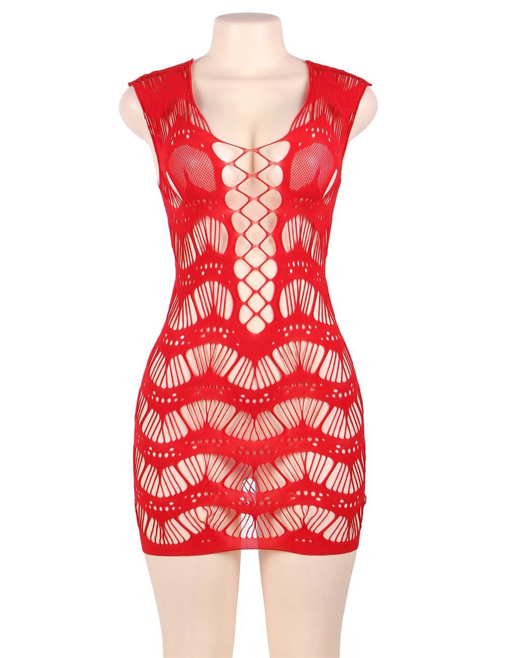 Plus Size Red Crocheted Lace Hollow Out Chemise Bodystocking