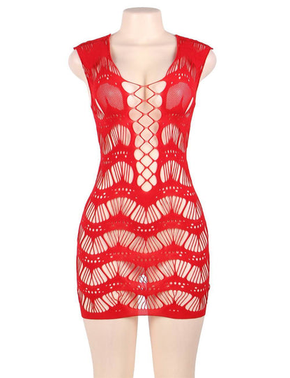 Plus Size Red Crocheted Lace Hollow Out Chemise Bodystocking