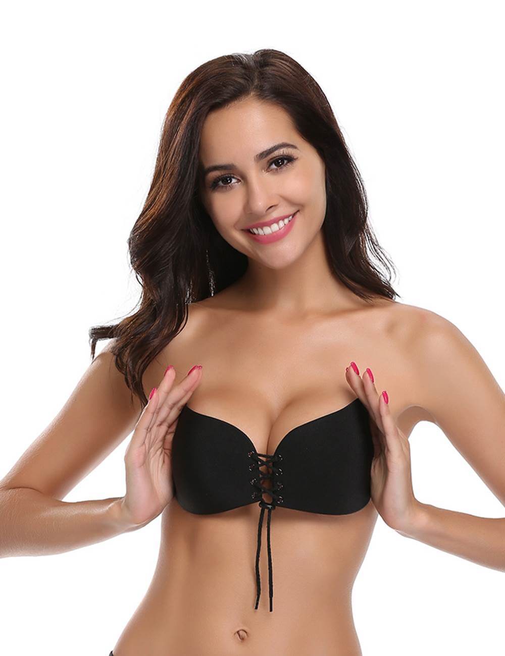 Black Strapless Reusable Self-Adhesive Silicone Push-Up Bra for Women