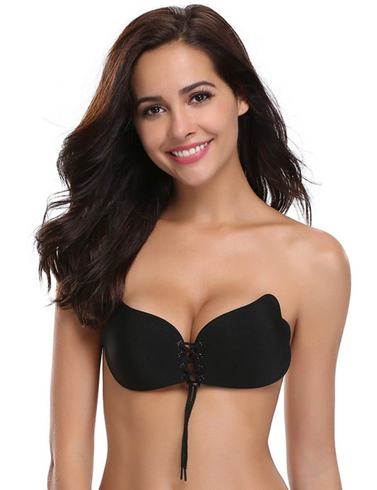 Black Strapless Reusable Self-Adhesive Silicone Push-Up Bra for Women