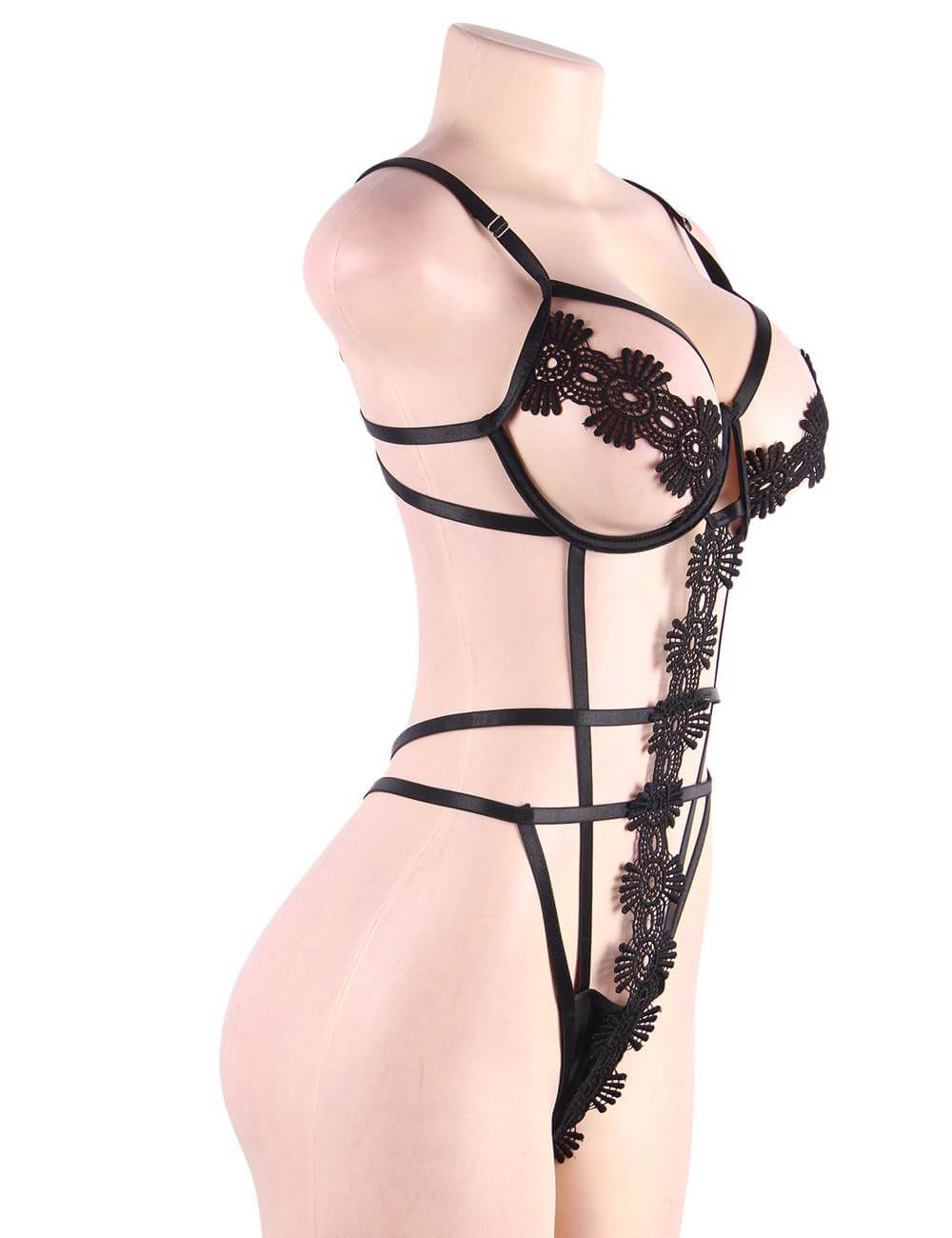 Floral Hollow-Out Black Teddy
