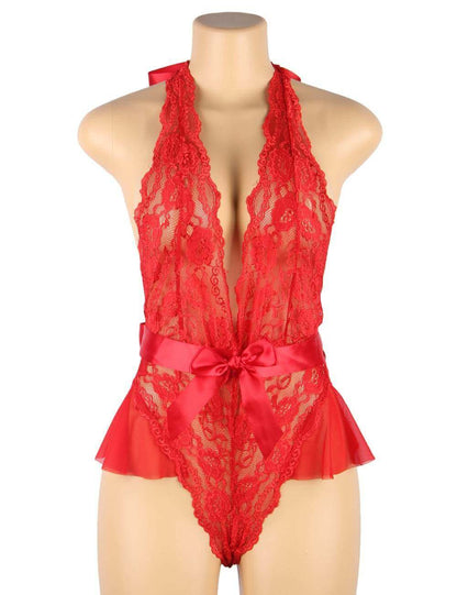 Red Halter Neck Ruffle Teddy with Waist Belt