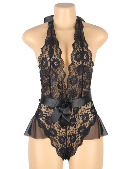 Black Halter Neck Ruffle Teddy Lingerie with Adjustable Belt