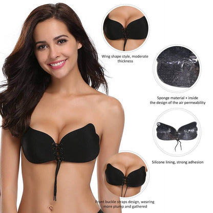 Black Strapless Reusable Self-Adhesive Silicone Push-Up Bra for Women