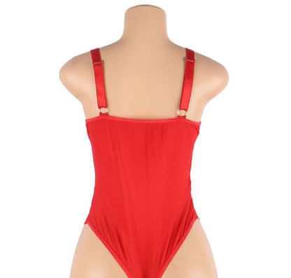 Red Lace Bodysuit with Garter and Ring Accents