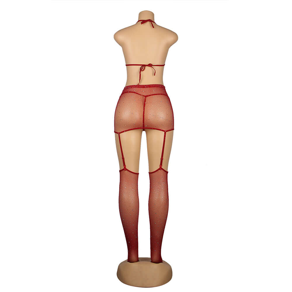 Red Diamond Fishnet Bodystocking with Gloves