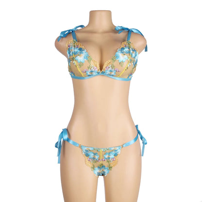 Blue Floral Embroidery Lace Transparent Lingerie Bra Panty Set