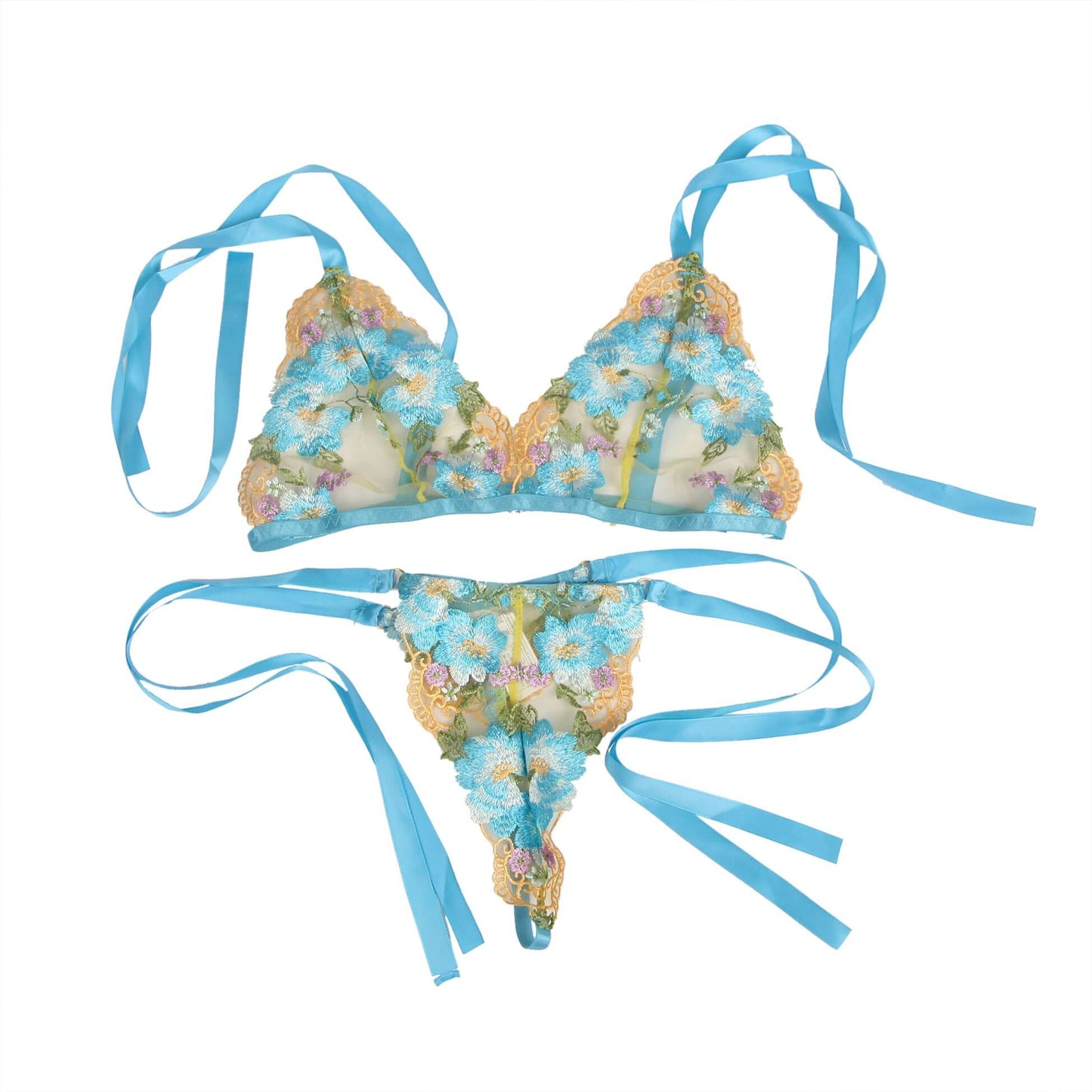 Blue Floral Embroidery Lace Transparent Lingerie Bra Panty Set